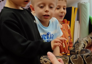 Dzieci głaszczą węża.