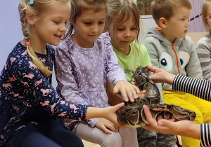 Prowadząca zajęcia daje dzieciom do pogłaskania węża.